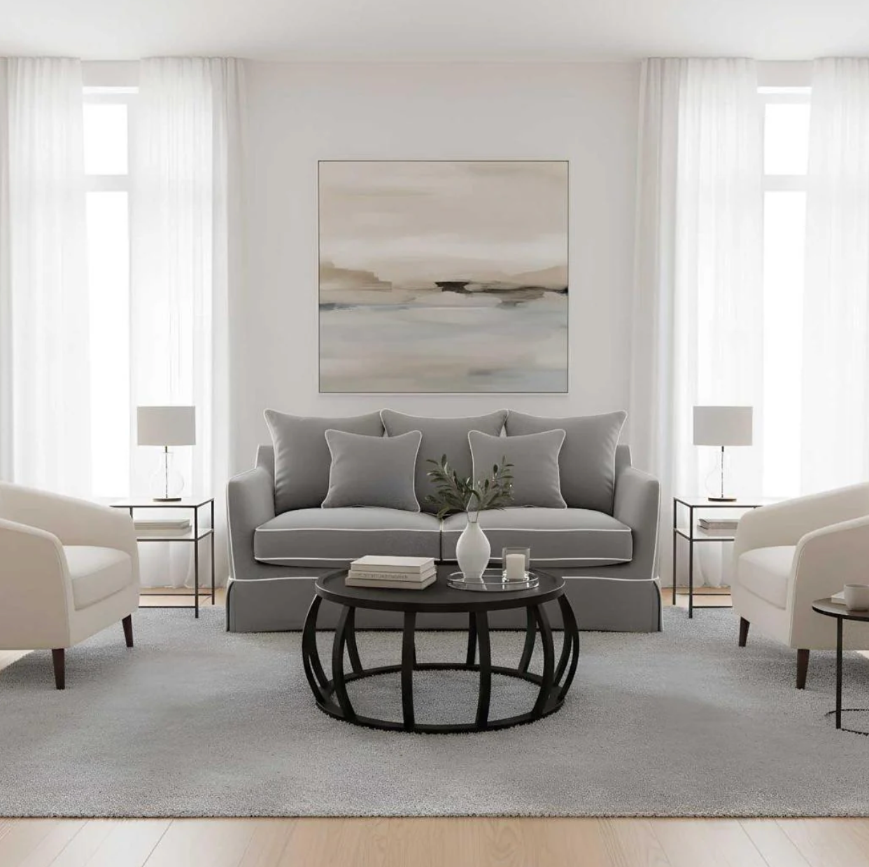 Pre Order: Henley 3 Seater Sofa - Grey with White piping
